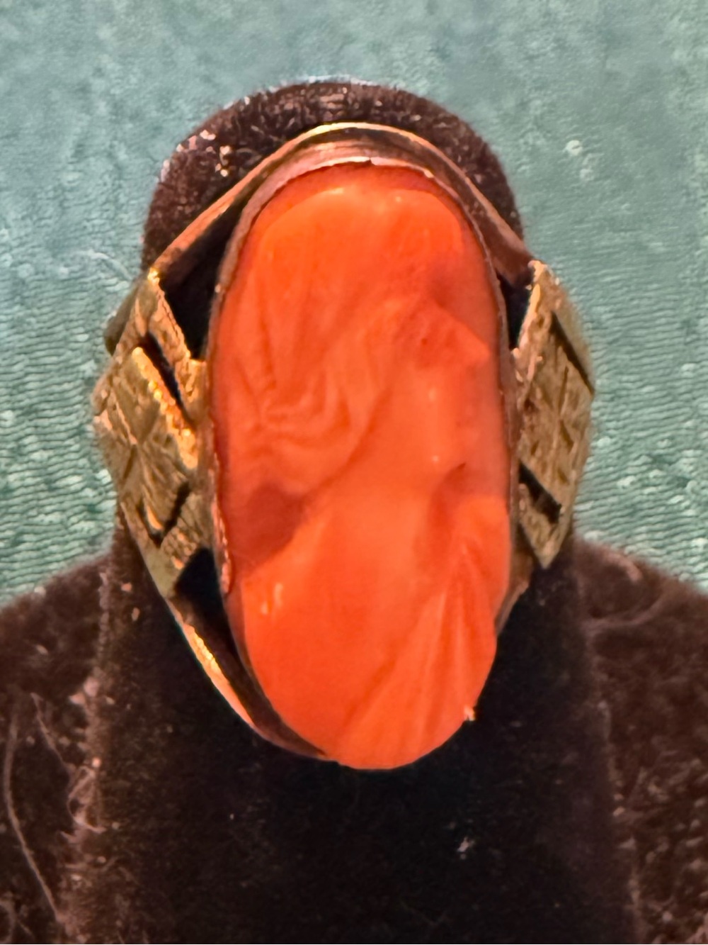 Antique 10k gold Orange Coral Cabochon Statement Ring